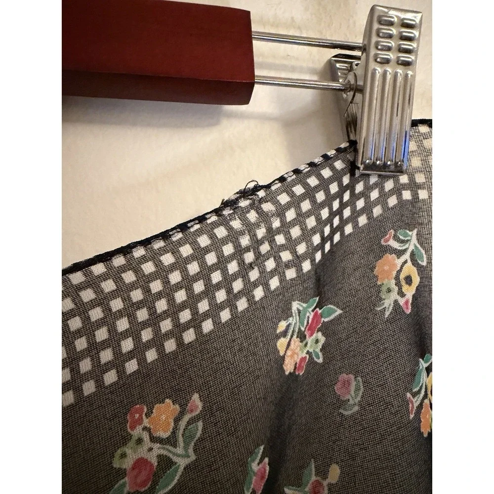 Vintage 90s Echo Black Ditsy Floral Square Scarf - Gingham Border 21x19 In
